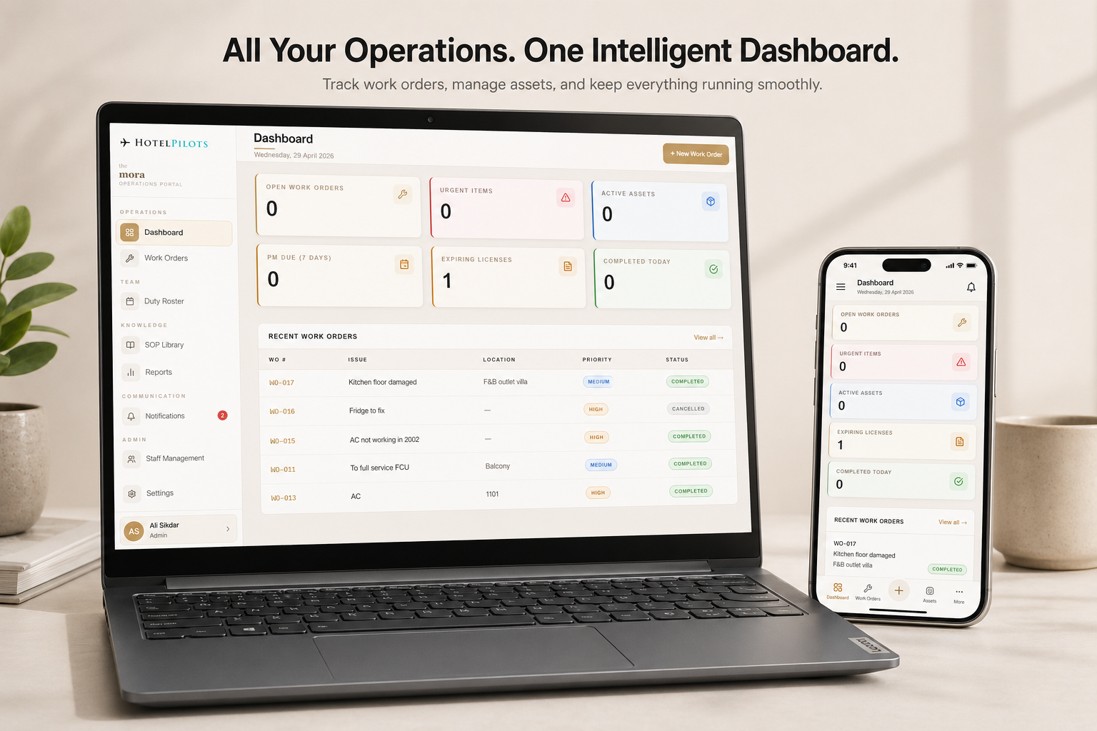 Hotel Operational Portal dashboard on MacBook and iPhone